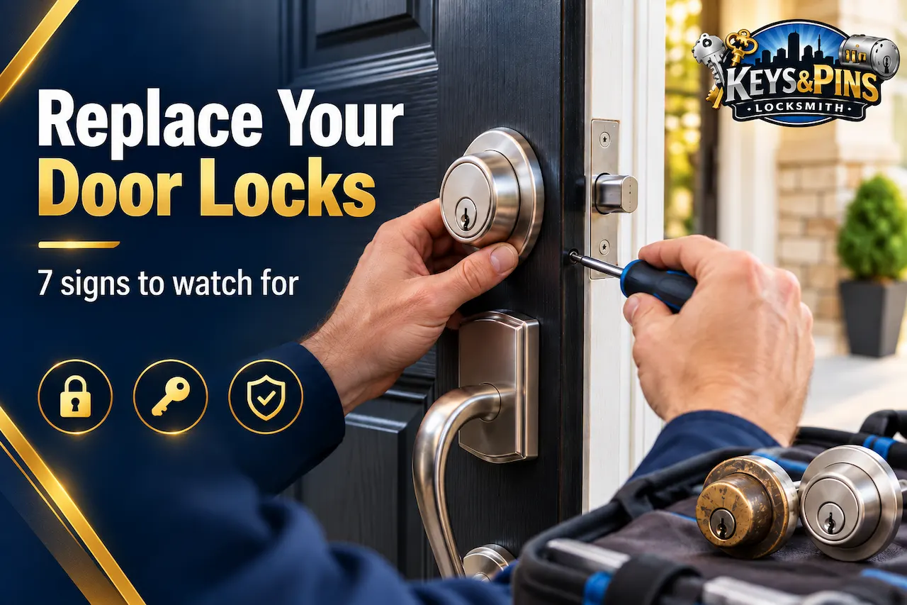 Locksmith replacing a residential door lock with new hardware on a front door